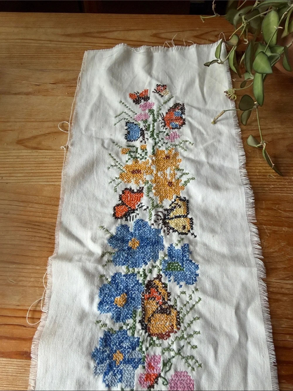 Vintage Hand-Embroidered Floral & Butterfly Artwork